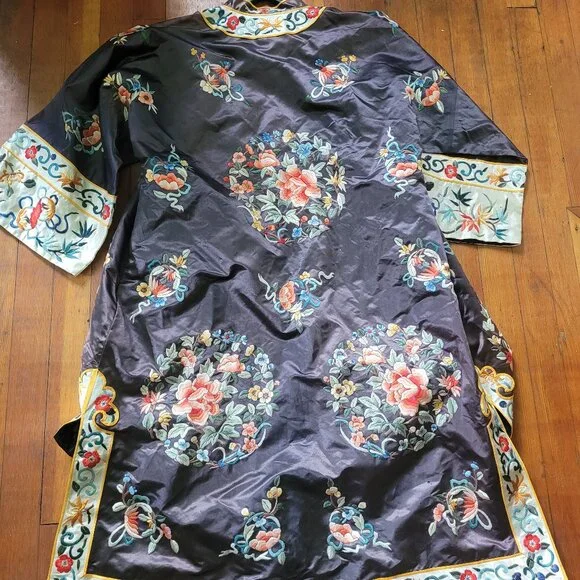 Vintage Silk Golden Bee Chinese Robe, sz S-L - Picture 3 of 16